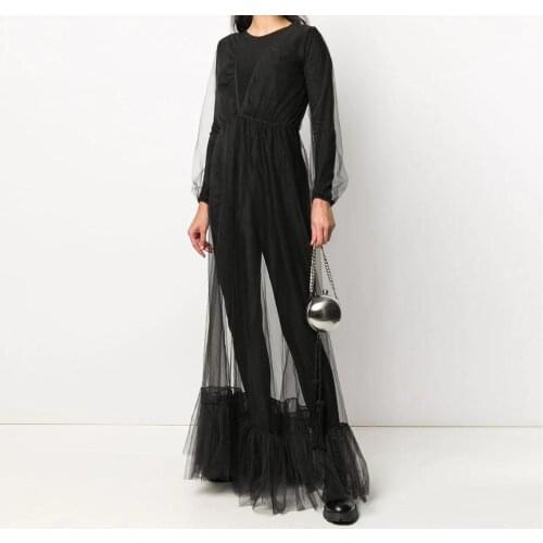 High Street See Thru Black Tulle Women Outfit Full Sleeves A-line Illusion Mesh Women Dress Long Female Dress Robe