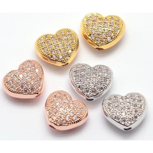 20pcs Brass Micro Pave Cubic Zirconia Hollow Heart Beads For DIY Bracelet Necklace making Accessories,hole: 1mm