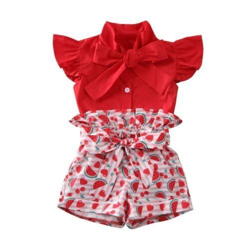 2020 Summer 1-6Y Baby Kids Girl Clothes Red Solid Ruffled Fly Sleeve Bow T-Shirt Watermelon Tops Shorts Outfit Set 2pcs