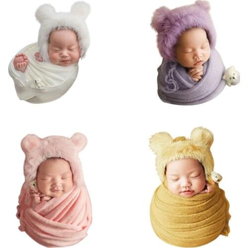 3pcs/set Newborn Infant Photography Wrap Knitted Boys Girls Photo Props Faux Fur Hat Strong Stretch Blanket Bear Doll