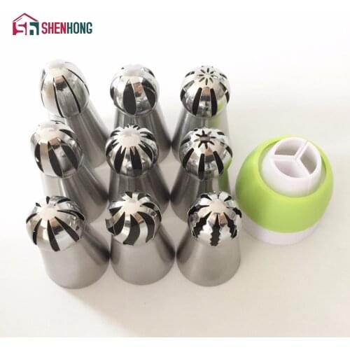9PC + 1 Converter Russian Ball Stainless Steel Icing Piping Nozzle Pastry Tips Cupcake Baking Sphere Shape Cream add 1 Coupler