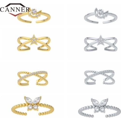 CANNER Real 925 Sterling Silver Adjustable Ring Zircon Open Size Finger Ring for Women Statement Wedding Jewelry Rings anillos