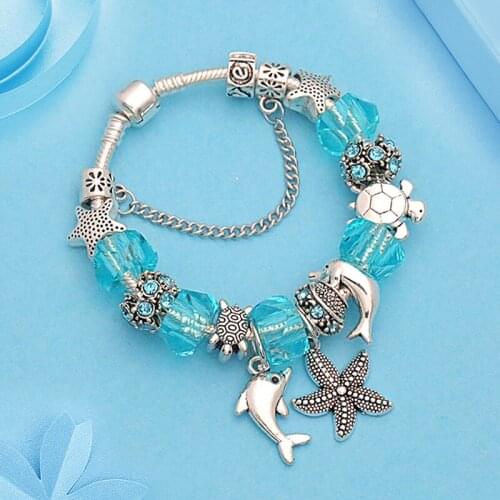 Summer Holiday Ocean Casual Charm Bracelet Irregular Crystal Bead Bracelet Antique Tibetan Silver Starfish Dolhin Diy Bracelets