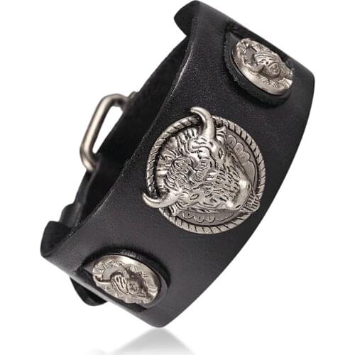 Wholesale ride to live bracelets male Ox Head Skull Retro bracelet homme Genuine Leather Bracelet Men Woman bracelets bangles