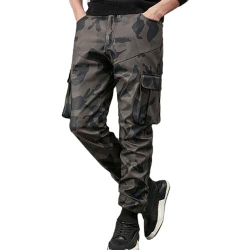 New Fashion Men Camouflage PU Leather Cargo Leather Pants Slim Casual Pants Man Harun Pants