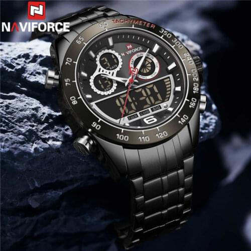 NAVIFORCE LED Watches Men Top Brand Luxury Black Stainless Steel Sports Male Clock Digital Quartz Military Man Wristwatch 9188