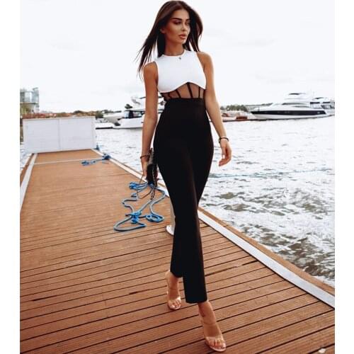 Black White Bandage Jumpsuit High Waist Lace Hollow Black Trousers Stretch Sexy Party Womens Sleeveless Jumpsuits High Quality