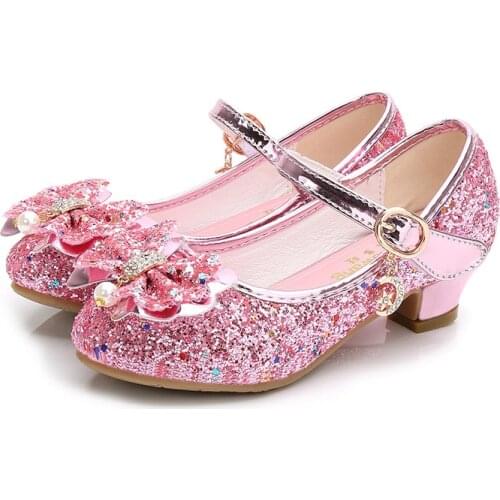 Children Princess Sandals Kids Girls Wedding Dress Shoes Bowtie Gold Pink Blue Silver Shoes