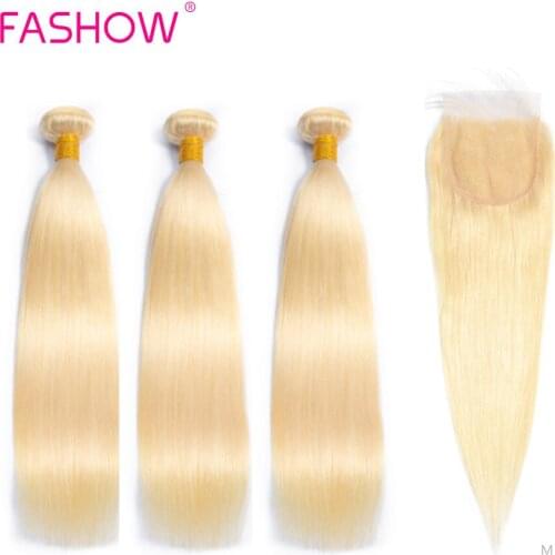Fashow 613 Straight Hair 3 Pieces Bundles With Closure 4×4 Swiss Lace 100% Human Hair Honey Blonde Color Brazilian Remy Hair