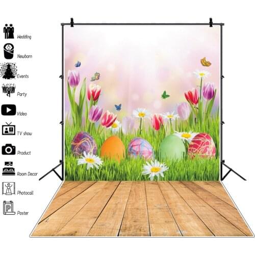 Spring Easter Backgrounds For Photography Green Grass Eggs Butterfly Sunshine Wooden Floor Baby Photographic Backdrop Photocall