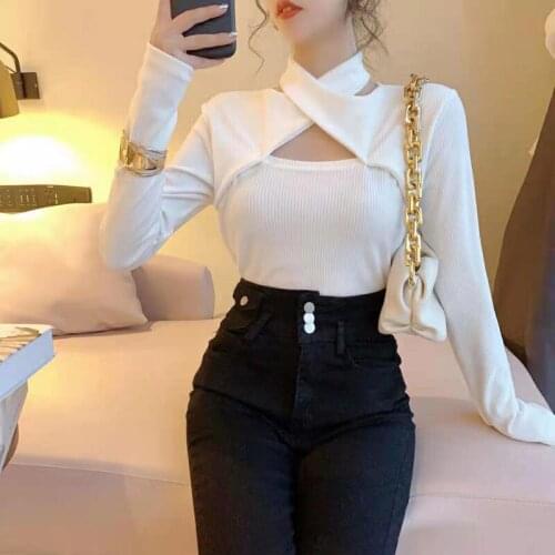 Spring Autumn T-shirts Retro Cross Hanging Neck Design Sense Bottomed Shirt Hollowed Out Slim Long Sleeve T-shirt Women Clothing