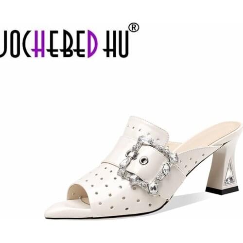 【JOCHEBED HU】 2021 hot sale party wedding shoes women slipper patent leather buckle crystal summer high heels slipper ladies big