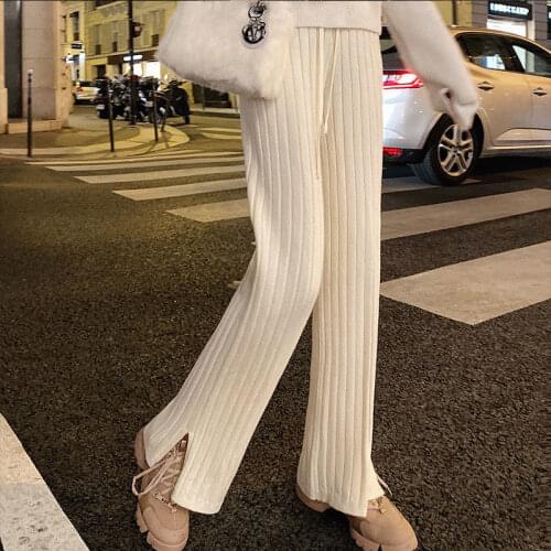 JuneRain Solid Knitted Pants Women Winter Warm Long High Elastic Waist Pants Female Korean Chic Retro Streetwear Split Trousers