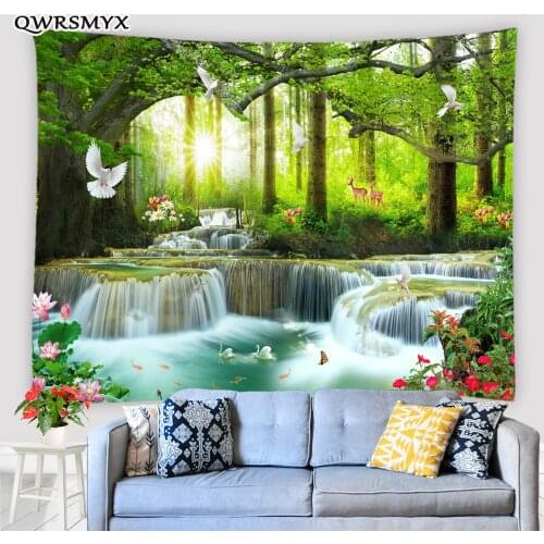 Forest Waterfall Deer Oil Painting Landscape Tapestry Wall Hanging Living Room Bedroom Decor Wall Aesthetics Art Tapestries
