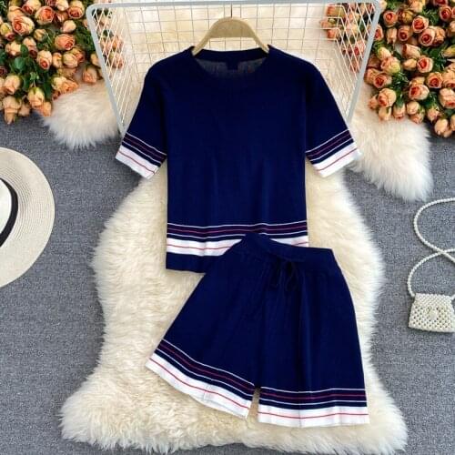 Summer Tracksuits Womens Two Peices Set Leisure Outfits Knited T-shirts High Waist Shorts Black/White Color Clothing Suits