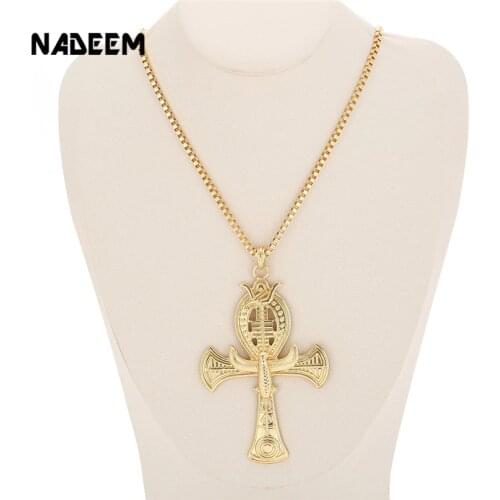 Ancient Ankh Cross Of Horus Egyptian Jewelry Male Eagle & Snake Design Pendant Necklace Gold-Color Hip Hop Chain Necklace Men