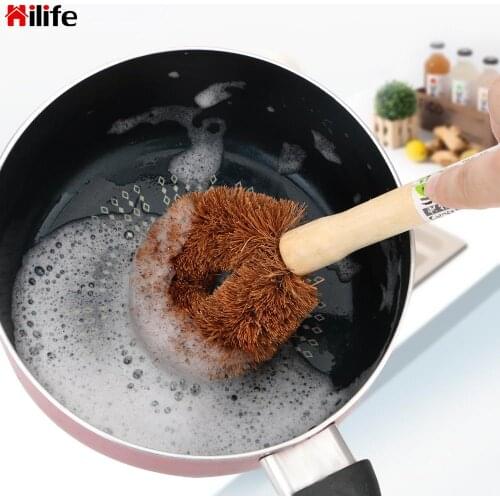 Long Handle Natural Coconut Brown Household Accessories Dish Washing Tool Cleaning Brush Non-stick Oil Pot brush