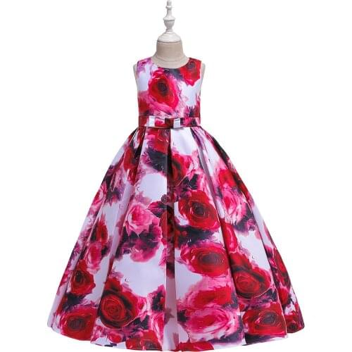 New Girls Dress Summer Flower Print Teenagers Clothing for Girls Bow belt Kids Wear Party Wedding Vestido 4 6 8 10 12 14 Years