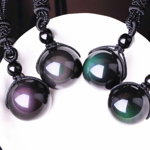 Natural Obsidian Rainbow Eye Transfer Good Luck Bead Pendant Necklace For Woman Polyester Rope Chain Necklace Jewelry