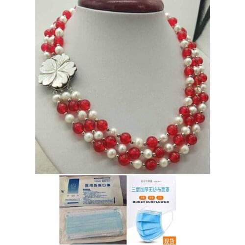 Charming Natural 3row 7-8mm Freshwater Pearl & Red Jade Necklace 18-20 inch + free mask 10pcs/bag