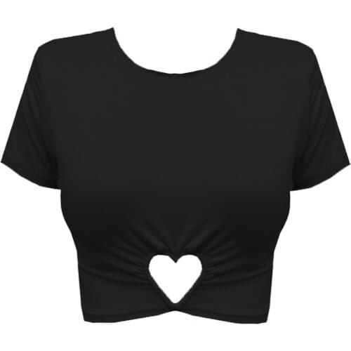 Ruibbit Gothic Hot Girls Love Hollowed Out Slim Elastic Round Neck Short T-shirt Summer Sexy Punk Women Black Pullover Shirts