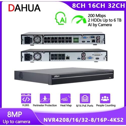Dahua AI Detection NVR POE 8CH 16CH NVR4208-8P-4KS2 NVR4216-16P-4KS2 H.265 4K 2HDDs Network Video Recorder Support IPC UPnP 8POE