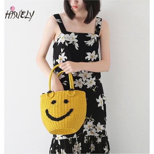 Smiling Face Straw Bag Handmade Rattan Woven Vintage Retro Rope Knitted Women Crossbody Handbag Fresh Summer Beach Bag Bohemia