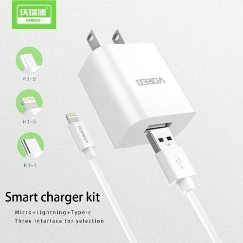 VORED High quality US plug power adapter 5v 2a with 1M cable for Type-c/mirco/8pin mobile phone