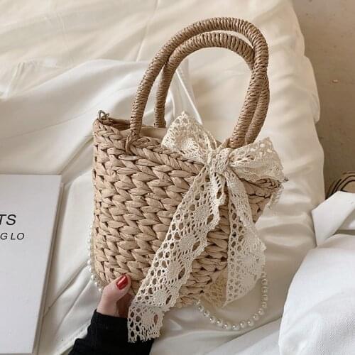 2021 Summer Women Straw Rattan Bucket Crossbody Bag with Short Beading Handle Hand-woven Shoulder Purses and Handbags Basket