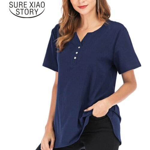 Women Tops 2021 Summer Ladies Tops Shirts V-neck Office Lady Short Sleeve White And Blue Shirt Shirts Plus Size 3858 50