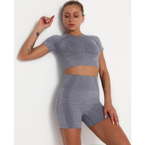 Women Short Sleeve Tracksuit 2 Piece Set Seamless Sport Suit Gym Clothes Fitness Crop Top Shirt High Waist Shorts Sportswear
