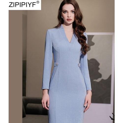 Elegant Women Knee-length Dress New Design V-Neck Long Sleeve Solid Color Slim Hip Spring Summer Dress Vestidos for Streetwear
