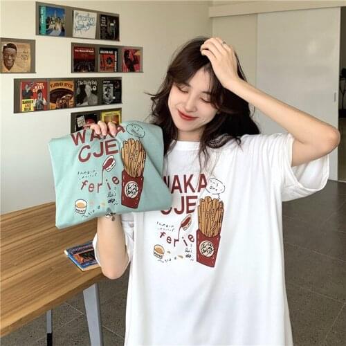 2021 Summer Japanese Kawaii French Fries Print Cute Girl Short Sleeve T-Shirt Youth Girl Top Casual Loose Basic Female T-Shirt