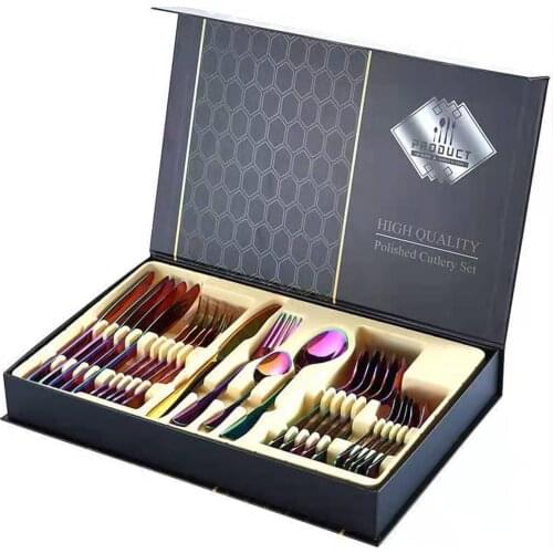 24 Pcs Forks Knives Tableware Spoons Dinnerware Sets Kitchen Utensils Cutlery Lunch Dishes Western Multicolor Stainless Steel