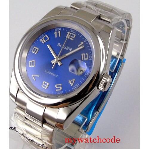 39mm Bliger Automatic Men Watch 21 Jewels MIYOTA 8215 Movement Blue Dial Auto Date Sapphire Crystal Oyster Bracelet