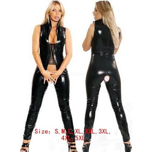 Faux Leather Wetlook Catsuit Crotchless Bodysuit Front Hollow Out High Collar Sleeveless Slim Erotic Dance Clubwear Lingerie