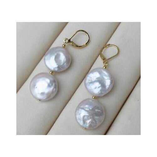 Free shipping Large 13-14mm White Coin Pearl Baroque Earring