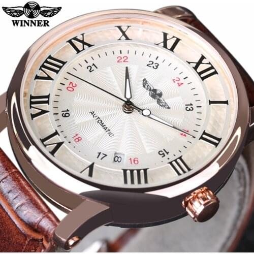 Rome Number Fashion Men WINNER Top Brand Gold Sport Wristwatches Self wind Automatic Mechanical Calendar Leather Watch Clock