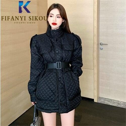 Black Down Jacket Women Korean Fashion Casual Winter Jacket Warm Parka Single Breasted Lapel Overcoat Argyle Cotton Coat Female