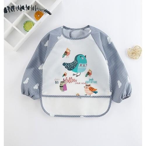 #EW Waterproof Long-sleeved Striped T-shirt Set Anti-wearing Cartoon Print Summer O-Neck Bib inverted gown Baby Clothes ropa