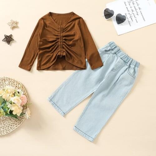 FOCUSNORM 1-6Y Fashion Kids Girls 2pcs Clothes Sets Solid Knit Long Sleeve V Neck Tops Elastic Denim Pants