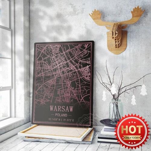 Warsaw Poland Art Map Poster, World Travel City Black Pink Art Map Decor Painting, Coffee Shop Office Bar Pub Club Decor Mural