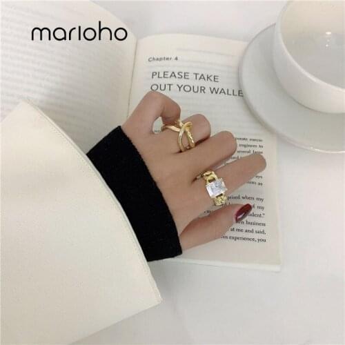 Marioho Rhinestone Ring Gold Color Metal Hollow Exaggeration Design Finger Advanced Sense Rings For Women Girls Party Gift