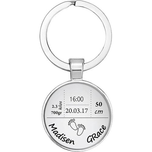 Round Baby Keychain Personalized Name Date Of Birth Weight Time Height For Newborn Commemorate Llavero Personalizado Key Ring