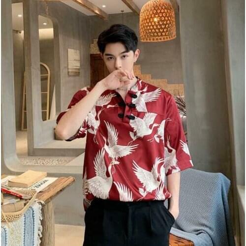 Mens Youth Fashion Mandarin Style Crane Print Short Sleeve Causal Shirt Tops C194
