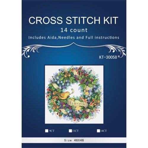 46X46CM, 14CT EN OR RU packing Top Quality Lovely Cute Counted Cross Stitch Kit Berry Wreath Welcome Bird dim 35028