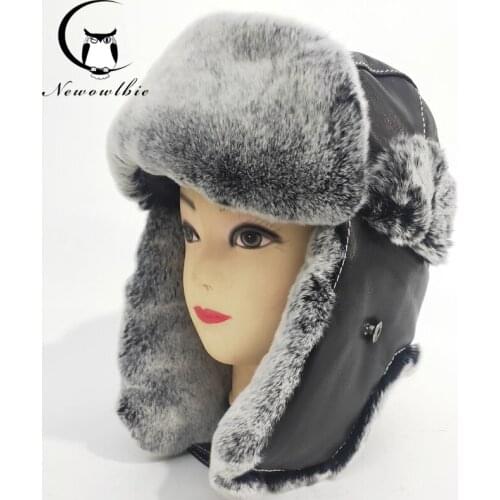 Natural Genuine Rex Rabbit Fur Bomber Hat + Sheepskin Winter Women Real Rex Rabbit Fur Warm Ear Hat Fashion Authentic Fur Caps