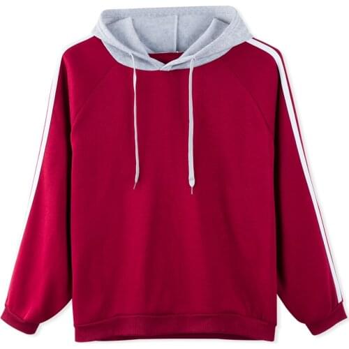 Neatie kiddie stripe Patchwork Long Sleeve Hooded Pullover Sweatshirt Women Clothes Wine red Streetwear Casual Hoodies Top
