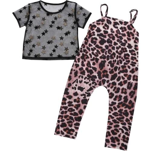 New 2 Pcs Infant Summer Outfits, Baby Girls See-through Mesh Star Print Short Sleeve Round Neck T-shirt + Leopard Overalls