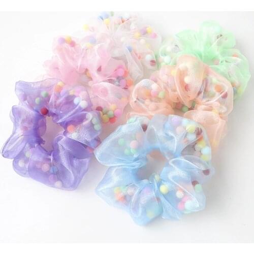 2020 Summer Girls Organza Schrunchies For Children Small Fur Ball Designs Cute Scrunchies Kawaii Accessories